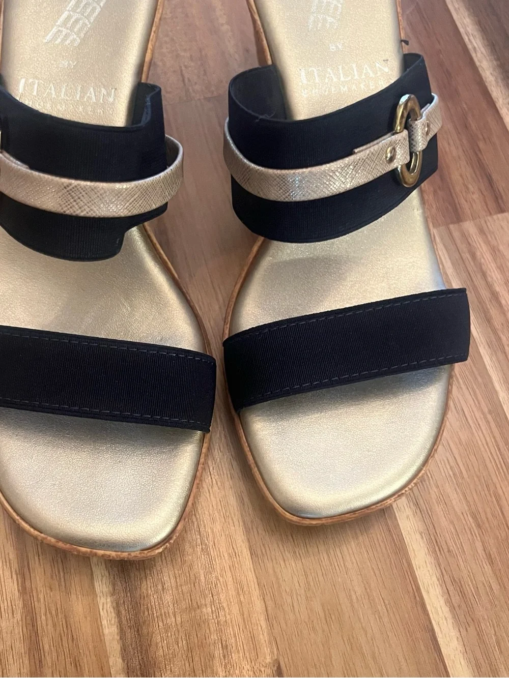 Italian Shoemakers Navy and Gold Slip-On Wedge Mules - Picture 3 of 7